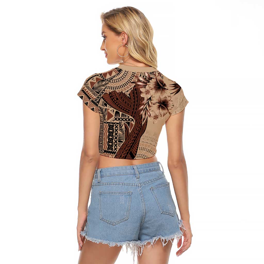 Bula Fiji Raglan Cropped T Shirt Shark Tail Beige Masi Tapa LT7 - Polynesian Pride