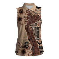 Bula Fiji Women Sleeveless Polo Shirt Shark Tail Beige Masi Tapa LT7 Female Beige - Polynesian Pride
