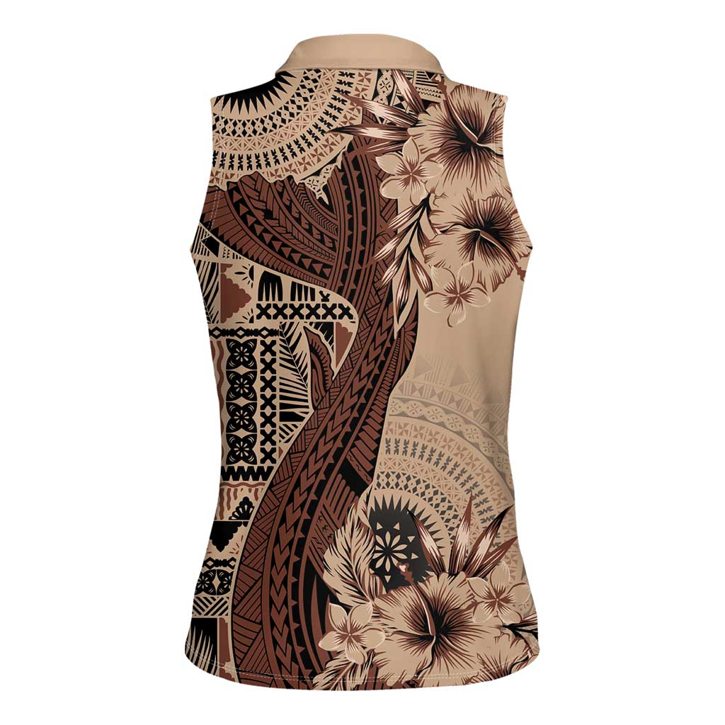 Bula Fiji Women Sleeveless Polo Shirt Shark Tail Beige Masi Tapa LT7 - Polynesian Pride