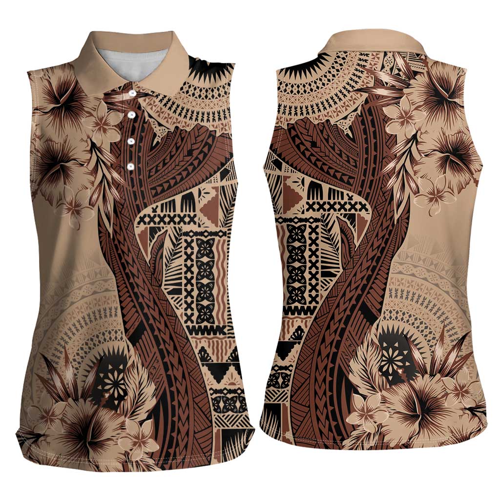 Bula Fiji Women Sleeveless Polo Shirt Shark Tail Beige Masi Tapa LT7 - Polynesian Pride