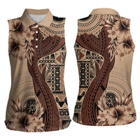 Bula Fiji Women Sleeveless Polo Shirt Shark Tail Beige Masi Tapa LT7 - Polynesian Pride