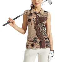 Bula Fiji Women Sleeveless Polo Shirt Shark Tail Beige Masi Tapa LT7 - Polynesian Pride