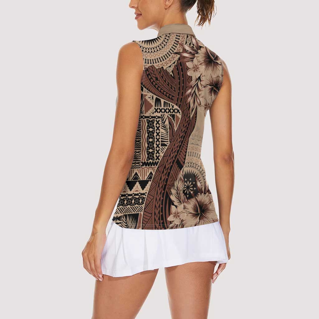 Bula Fiji Women Sleeveless Polo Shirt Shark Tail Beige Masi Tapa LT7 - Polynesian Pride