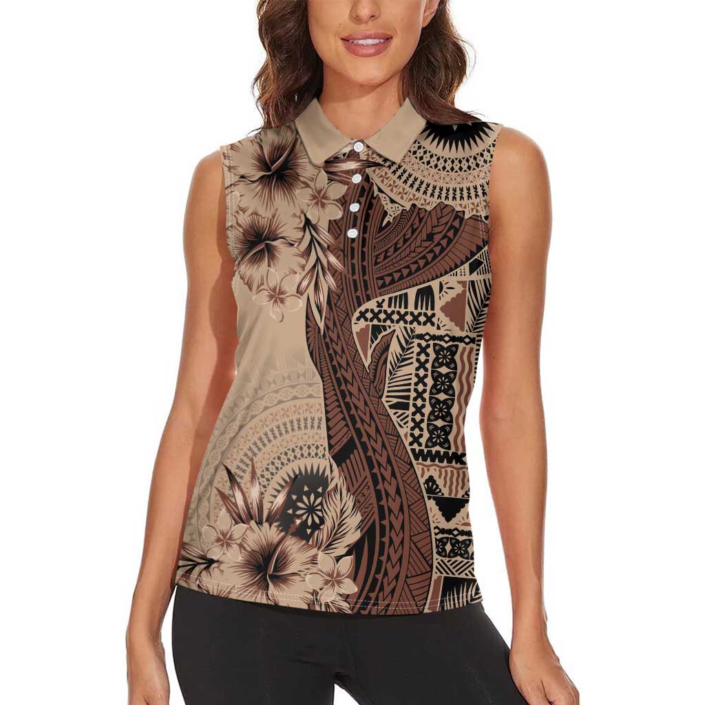 Bula Fiji Women Sleeveless Polo Shirt Shark Tail Beige Masi Tapa LT7 - Polynesian Pride