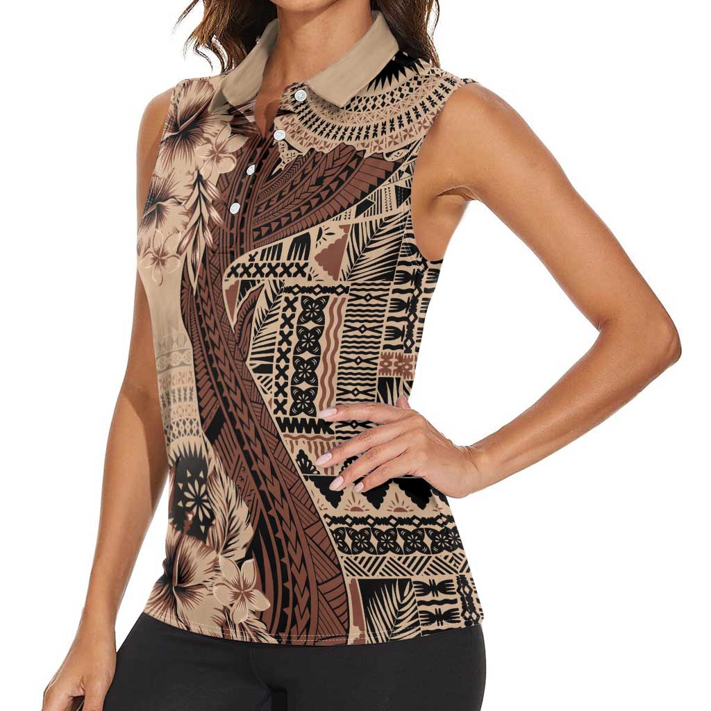 Bula Fiji Women Sleeveless Polo Shirt Shark Tail Beige Masi Tapa LT7 - Polynesian Pride