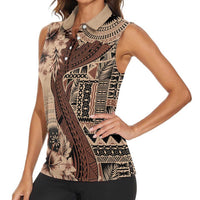 Bula Fiji Women Sleeveless Polo Shirt Shark Tail Beige Masi Tapa LT7 - Polynesian Pride