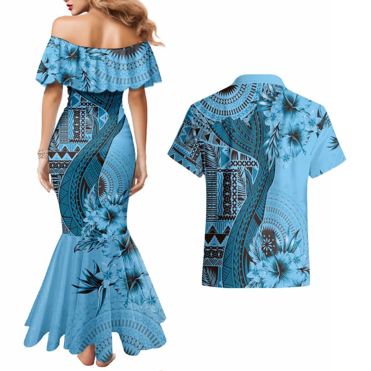 Bula Fiji Couples Matching Mermaid Dress and Hawaiian Shirt Shark Tail Turquoise Masi Tapa
