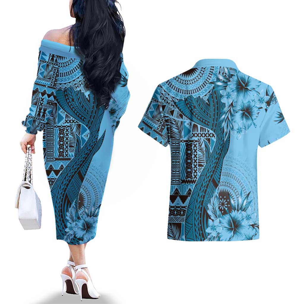 Bula Fiji Couples Matching Off The Shoulder Long Sleeve Dress and Hawaiian Shirt Shark Tail Turquoise Masi Tapa