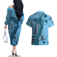 Bula Fiji Couples Matching Off The Shoulder Long Sleeve Dress and Hawaiian Shirt Shark Tail Turquoise Masi Tapa