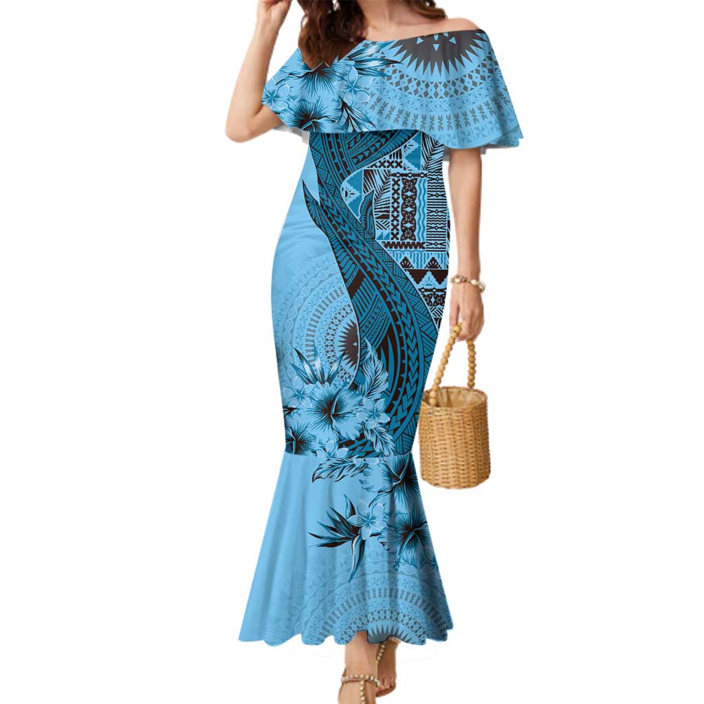 Bula Fiji Family Matching Mermaid Dress and Hawaiian Shirt Shark Tail Turquoise Masi Tapa