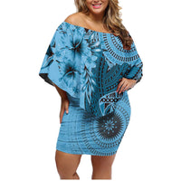 Bula Fiji Family Matching Off Shoulder Short Dress and Hawaiian Shirt Shark Tail Turquoise Masi Tapa