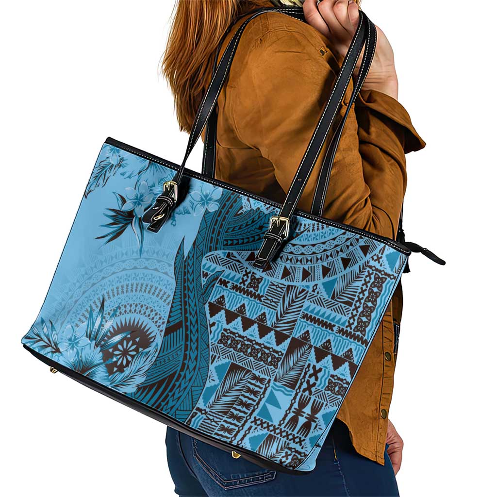 Bula Fiji Leather Tote Bag Shark Tail Turquoise Masi Tapa