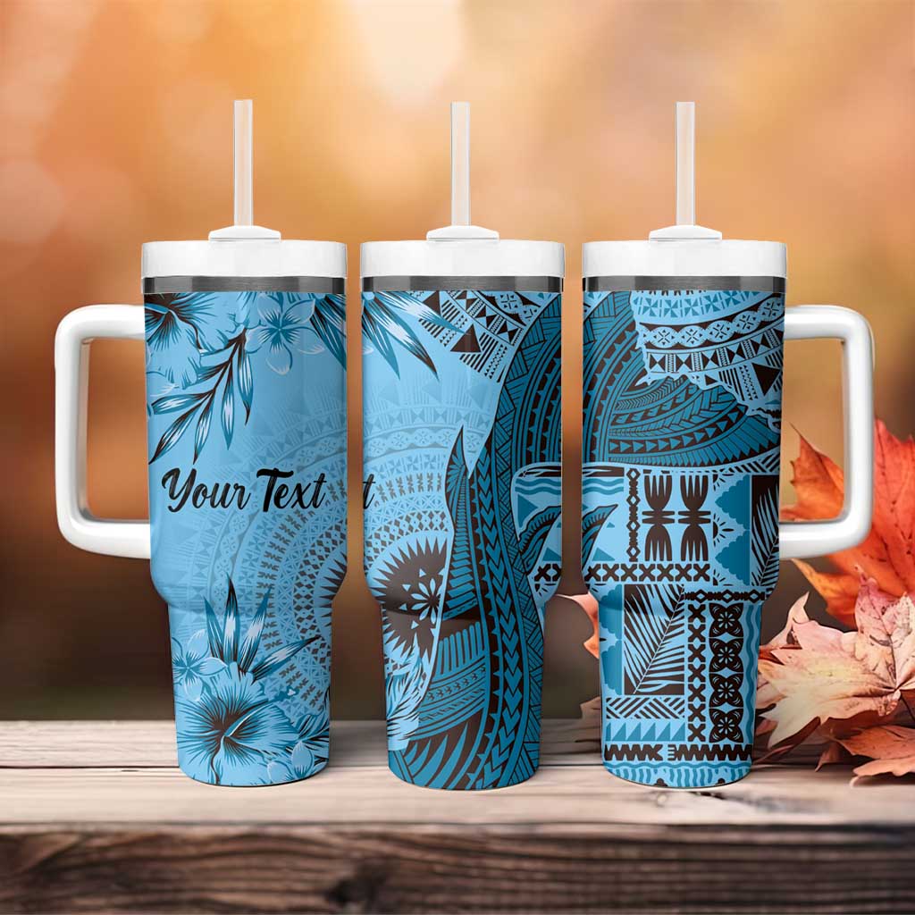 Bula Fiji Personalised Tumbler With Handle Shark Tail Turquoise Masi Tapa LT7 - Polynesian Pride