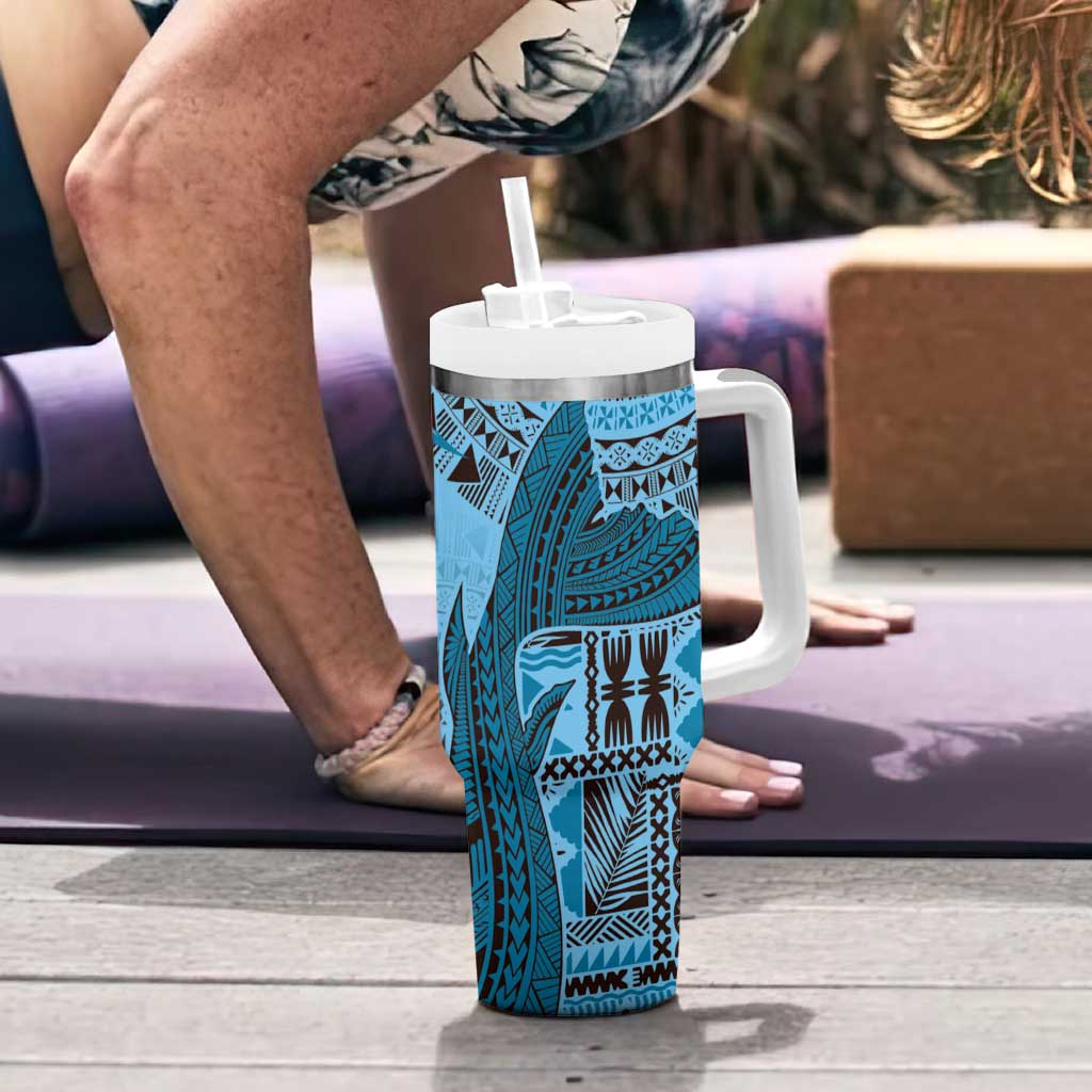 Bula Fiji Personalised Tumbler With Handle Shark Tail Turquoise Masi Tapa LT7 - Polynesian Pride
