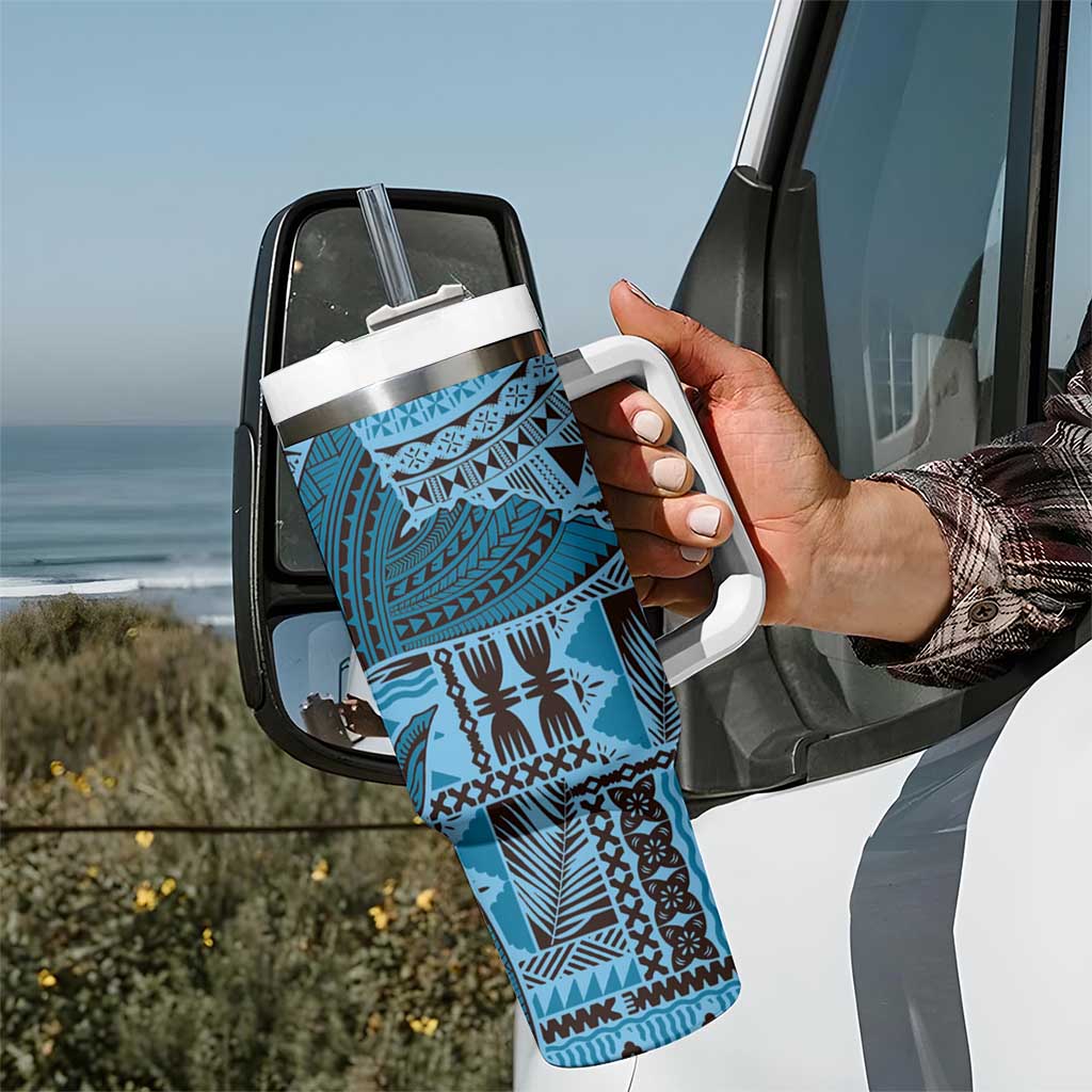 Bula Fiji Personalised Tumbler With Handle Shark Tail Turquoise Masi Tapa LT7 - Polynesian Pride