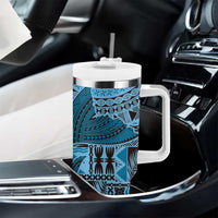Bula Fiji Personalised Tumbler With Handle Shark Tail Turquoise Masi Tapa LT7 - Polynesian Pride