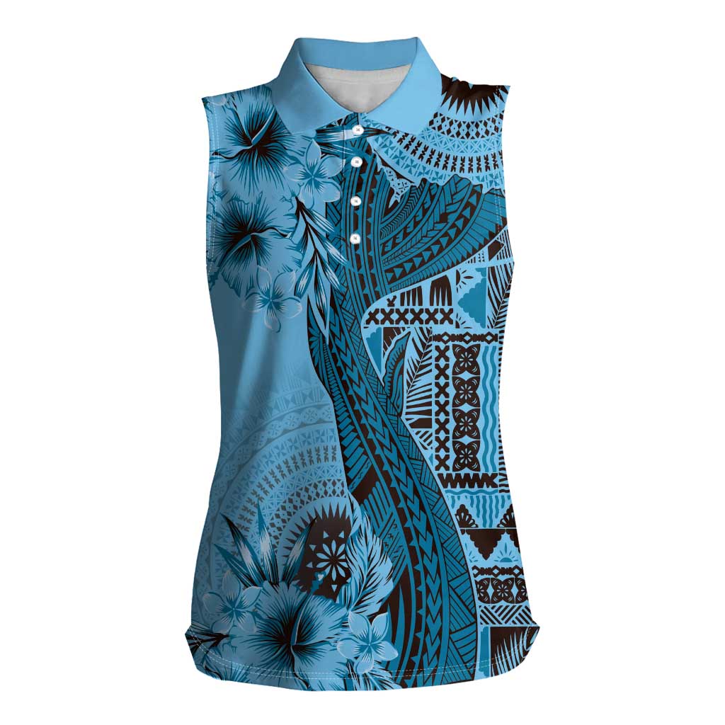 Bula Fiji Women Sleeveless Polo Shirt Shark Tail Turquoise Masi Tapa LT7 Female Turquoise - Polynesian Pride