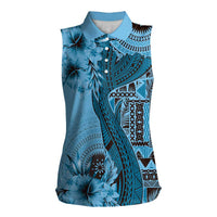 Bula Fiji Women Sleeveless Polo Shirt Shark Tail Turquoise Masi Tapa LT7 Female Turquoise - Polynesian Pride