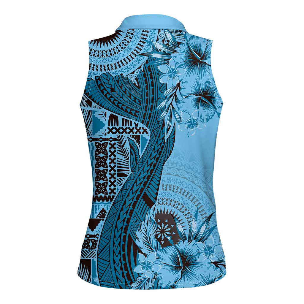Bula Fiji Women Sleeveless Polo Shirt Shark Tail Turquoise Masi Tapa LT7 - Polynesian Pride
