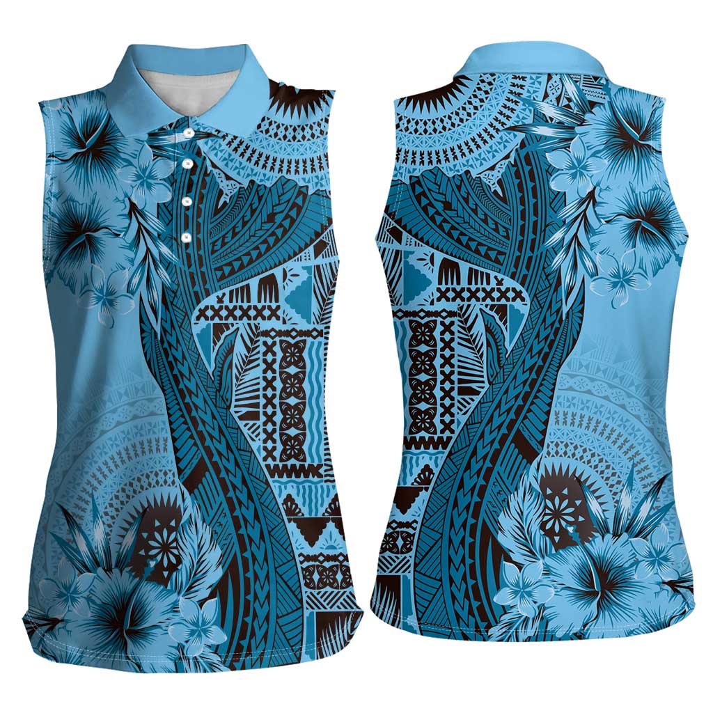 Bula Fiji Women Sleeveless Polo Shirt Shark Tail Turquoise Masi Tapa LT7 - Polynesian Pride