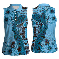 Bula Fiji Women Sleeveless Polo Shirt Shark Tail Turquoise Masi Tapa LT7 - Polynesian Pride
