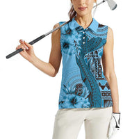 Bula Fiji Women Sleeveless Polo Shirt Shark Tail Turquoise Masi Tapa LT7 - Polynesian Pride