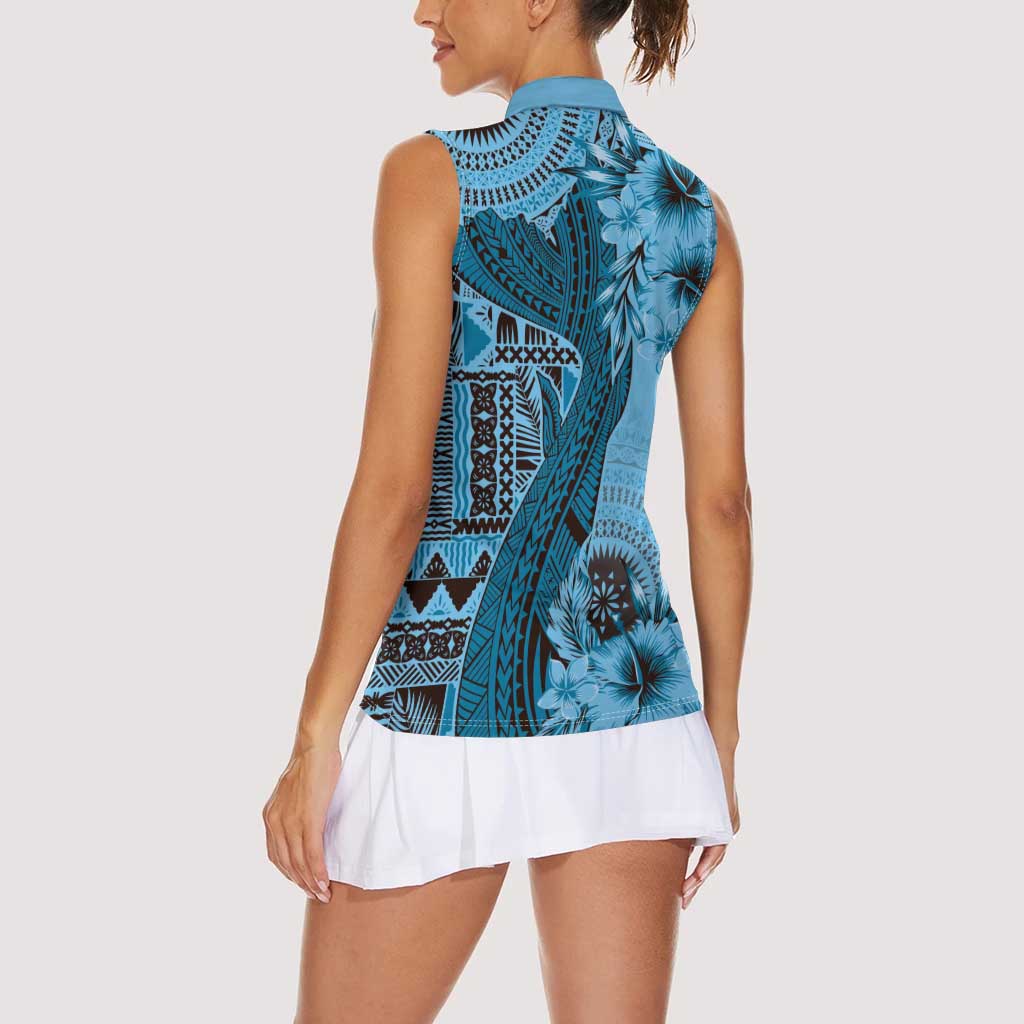 Bula Fiji Women Sleeveless Polo Shirt Shark Tail Turquoise Masi Tapa LT7 - Polynesian Pride