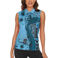 Bula Fiji Women Sleeveless Polo Shirt Shark Tail Turquoise Masi Tapa LT7 - Polynesian Pride