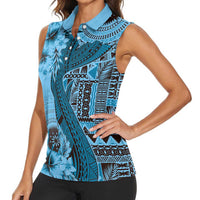 Bula Fiji Women Sleeveless Polo Shirt Shark Tail Turquoise Masi Tapa LT7 - Polynesian Pride