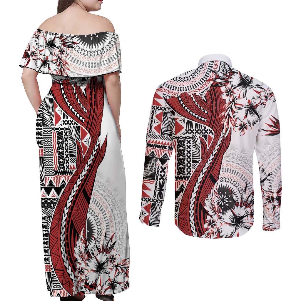 Bula Fiji Couples Matching Off Shoulder Maxi Dress and Long Sleeve Button Shirt Shark Tail White Masi Tapa