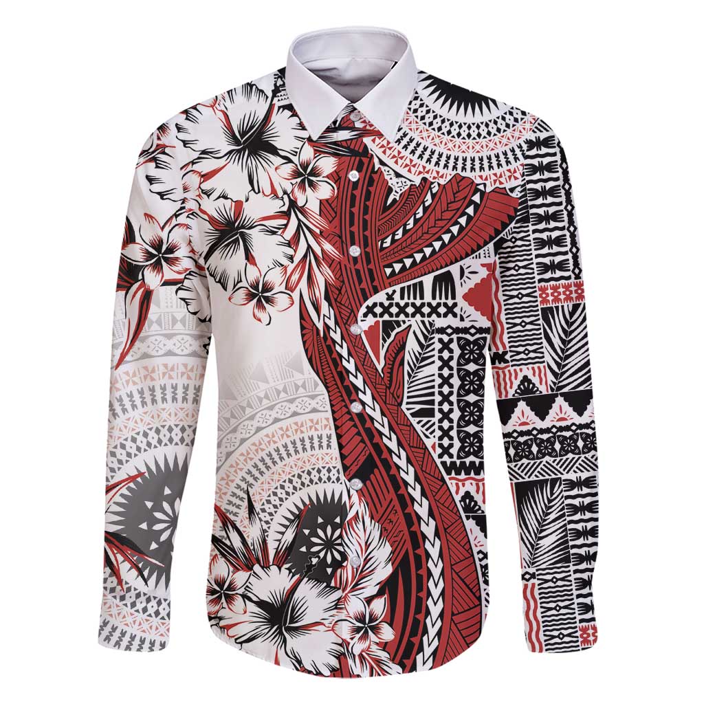 Bula Fiji Family Matching Long Sleeve Bodycon Dress and Hawaiian Shirt Shark Tail White Masi Tapa