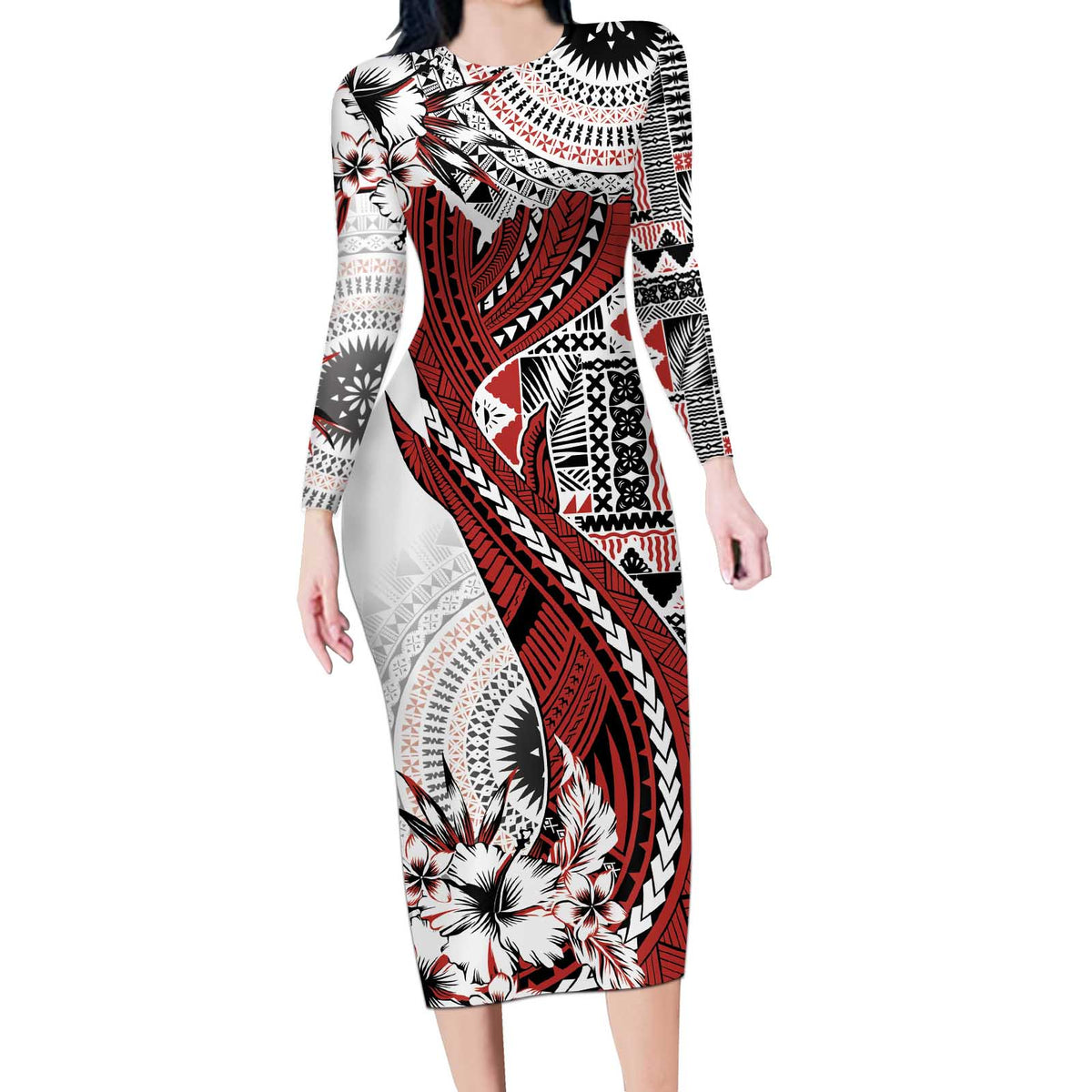 Bula Fiji Long Sleeve Bodycon Dress Shark Tail White Masi Tapa LT7 Long Dress White - Polynesian Pride
