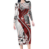 Bula Fiji Long Sleeve Bodycon Dress Shark Tail White Masi Tapa LT7 Long Dress White - Polynesian Pride