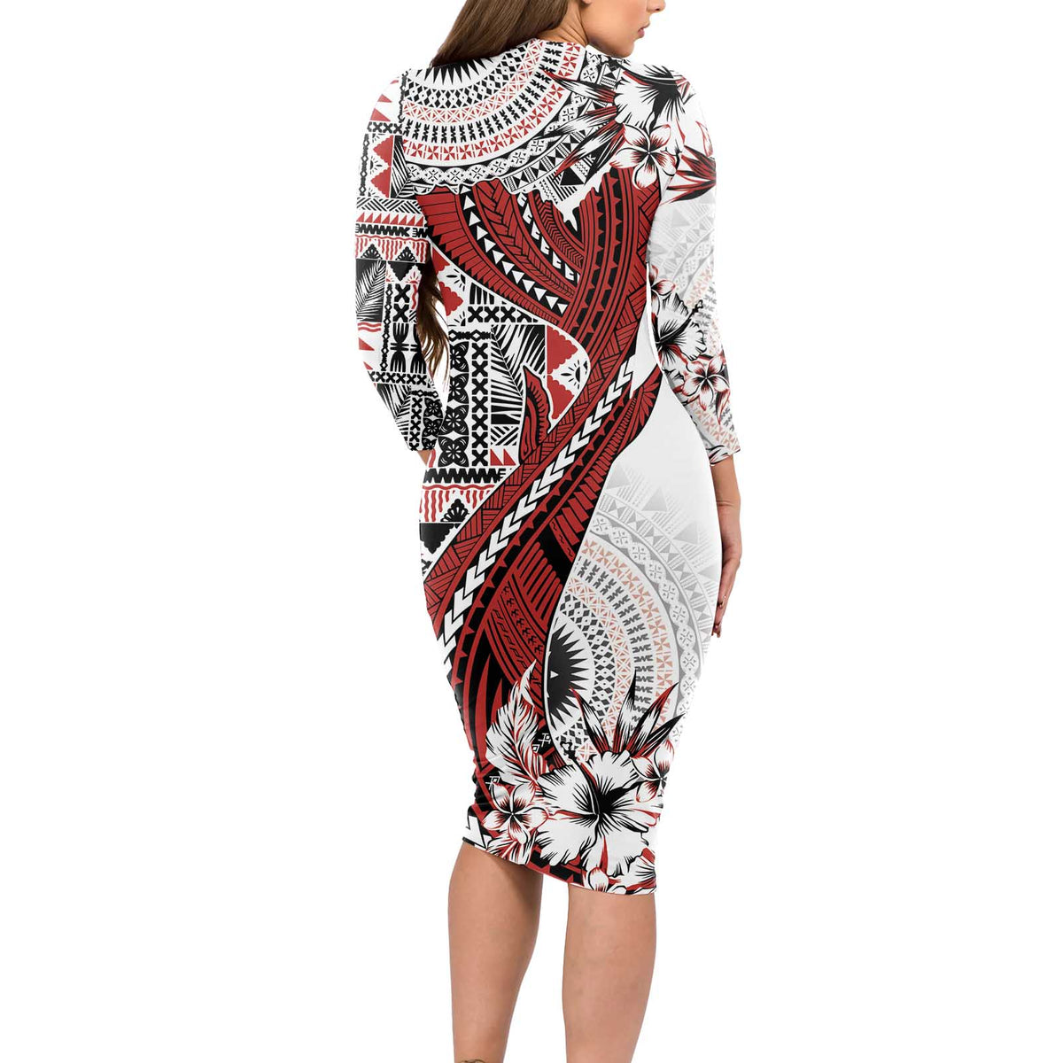 Bula Fiji Long Sleeve Bodycon Dress Shark Tail White Masi Tapa LT7 - Polynesian Pride