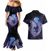 Polynesian Aumakua Couples Matching Mermaid Dress and Hawaiian Shirt Jellyfish with Shark - Polynesian Pride