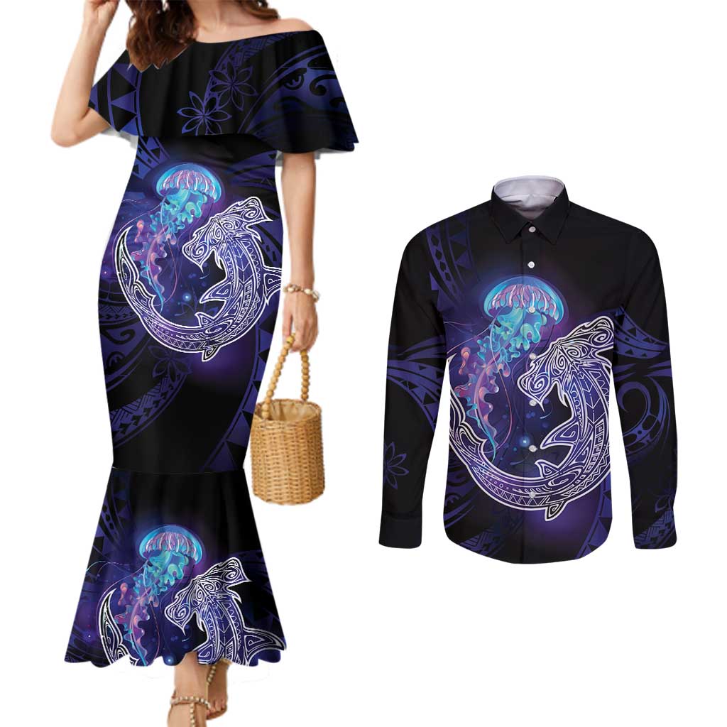 Polynesian Aumakua Couples Matching Mermaid Dress and Long Sleeve Button Shirt Jellyfish with Shark - Polynesian Pride