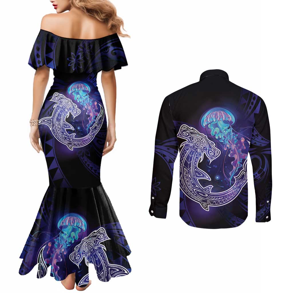 Polynesian Aumakua Couples Matching Mermaid Dress and Long Sleeve Button Shirt Jellyfish with Shark - Polynesian Pride