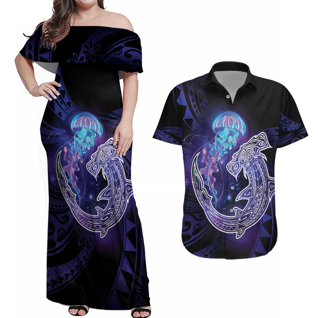 Polynesian Aumakua Couples Matching Off Shoulder Maxi Dress and Hawaiian Shirt Jellyfish with Shark - Polynesian Pride