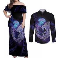 Polynesian Aumakua Couples Matching Off Shoulder Maxi Dress and Long Sleeve Button Shirt Jellyfish with Shark - Polynesian Pride