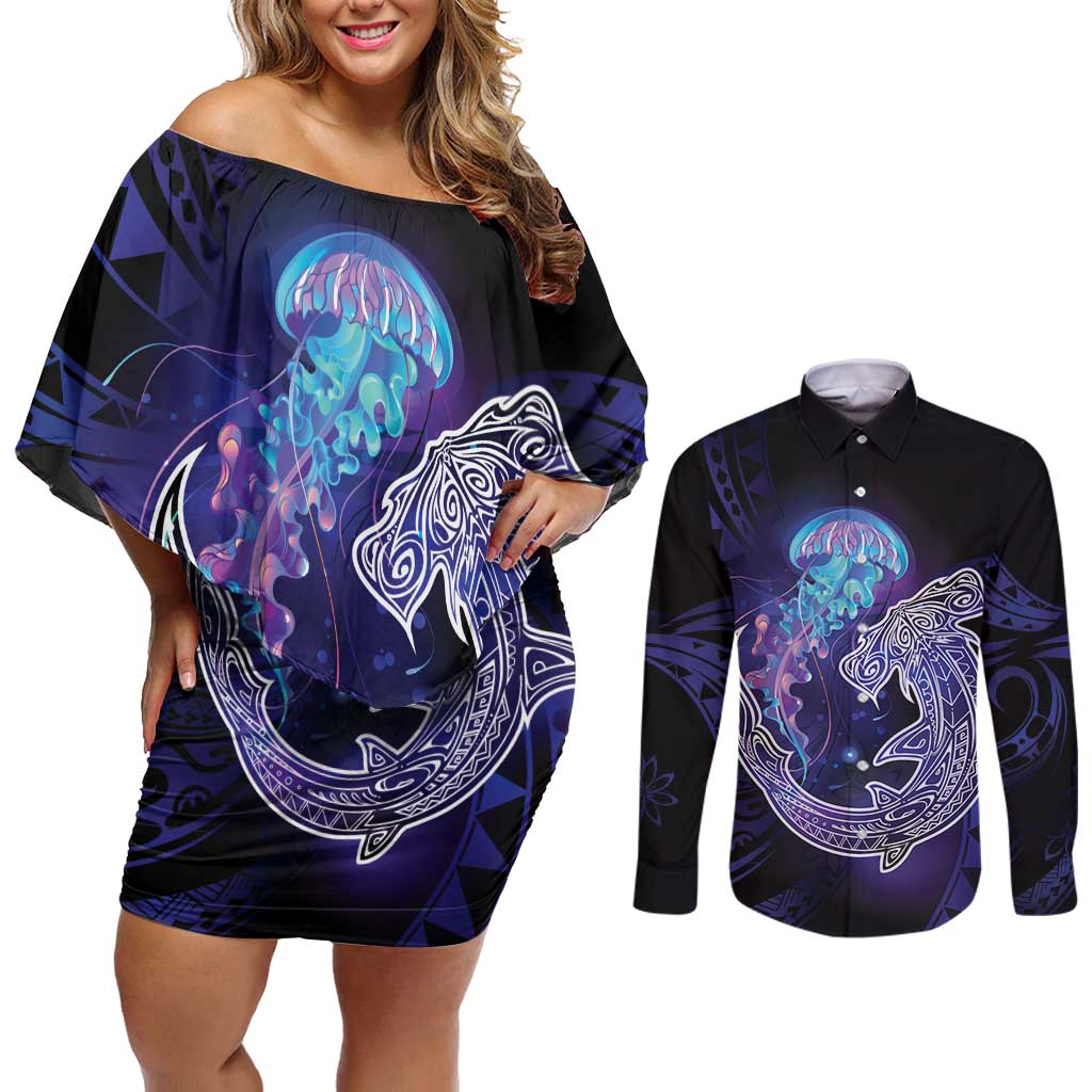 Polynesian Aumakua Couples Matching Off Shoulder Short Dress and Long Sleeve Button Shirt Jellyfish with Shark - Polynesian Pride