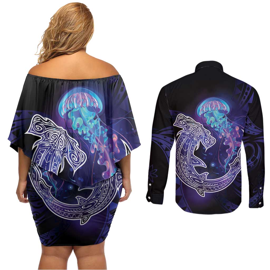 Polynesian Aumakua Couples Matching Off Shoulder Short Dress and Long Sleeve Button Shirt Jellyfish with Shark - Polynesian Pride