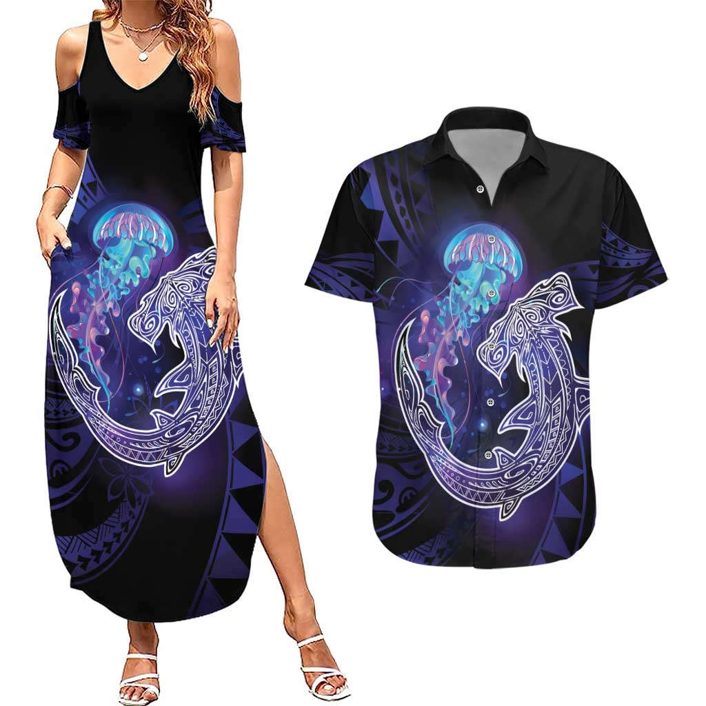 Polynesian Aumakua Couples Matching Summer Maxi Dress and Hawaiian Shirt Jellyfish with Shark - Polynesian Pride