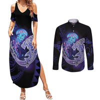 Polynesian Aumakua Couples Matching Summer Maxi Dress and Long Sleeve Button Shirt Jellyfish with Shark - Polynesian Pride