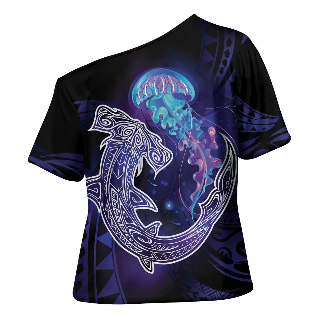 Polynesian Aumakua Cross Shoulder Shirt Jellyfish with Shark - Polynesian Pride
