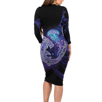 Polynesian Aumakua Family Matching Long Sleeve Bodycon Dress and Hawaiian Shirt Jellyfish with Shark - Polynesian Pride