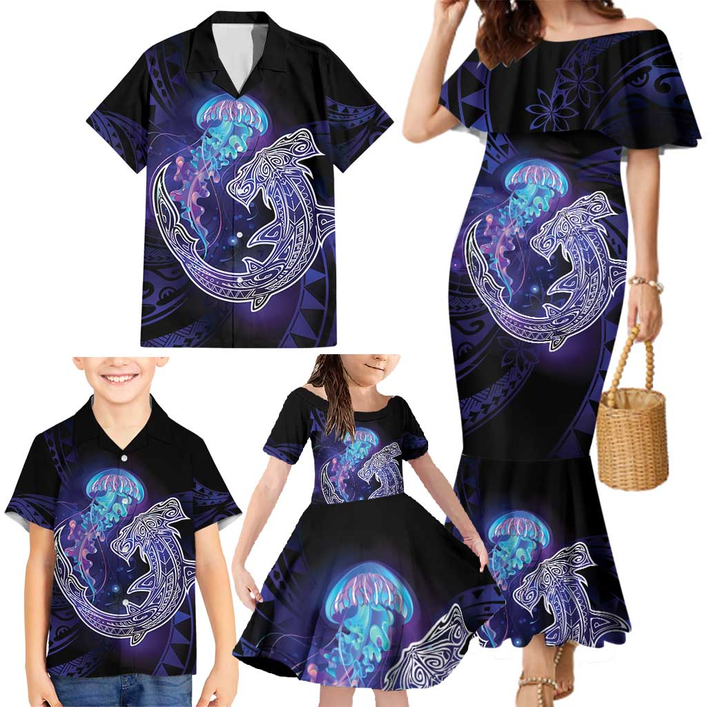 Polynesian Aumakua Family Matching Mermaid Dress and Hawaiian Shirt Jellyfish with Shark - Polynesian Pride
