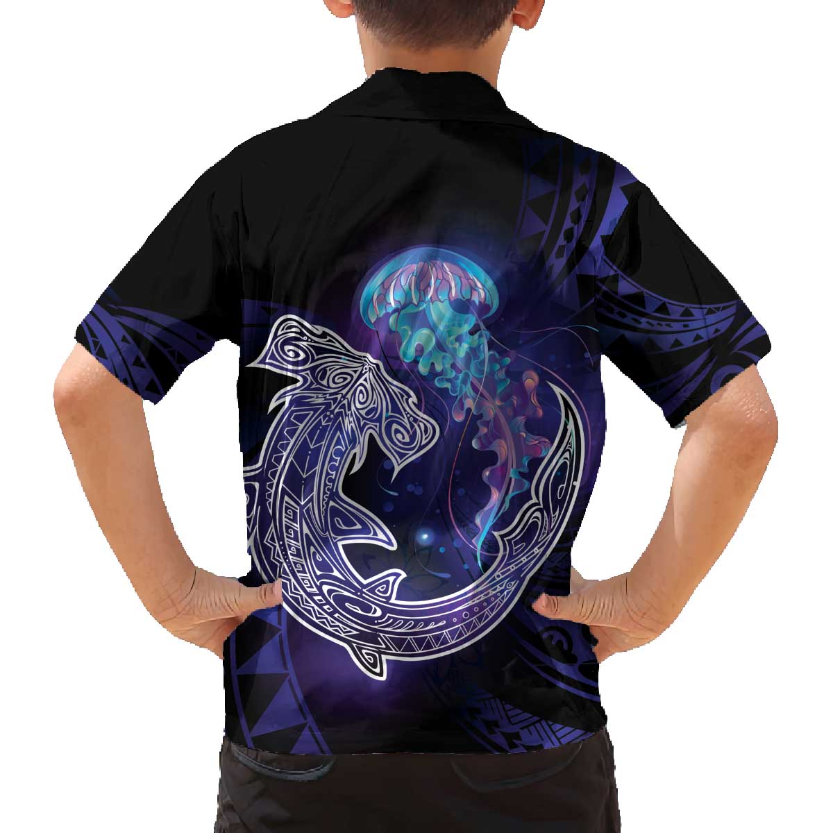 Polynesian Aumakua Family Matching Off The Shoulder Long Sleeve Dress and Hawaiian Shirt Jellyfish with Shark - Polynesian Pride