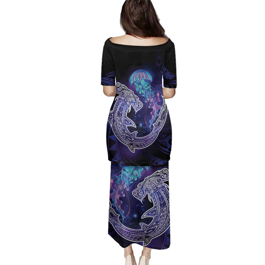 Polynesian Aumakua Family Matching Puletasi and Hawaiian Shirt Jellyfish with Shark - Polynesian Pride