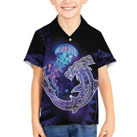 Polynesian Aumakua Family Matching Short Sleeve Bodycon Dress and Hawaiian Shirt Jellyfish with Shark - Polynesian Pride