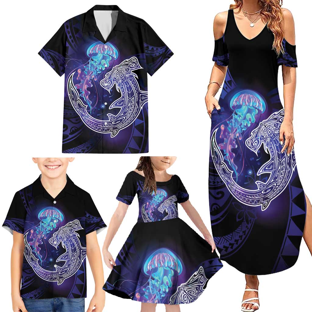 Polynesian Aumakua Family Matching Summer Maxi Dress and Hawaiian Shirt Jellyfish with Shark - Polynesian Pride